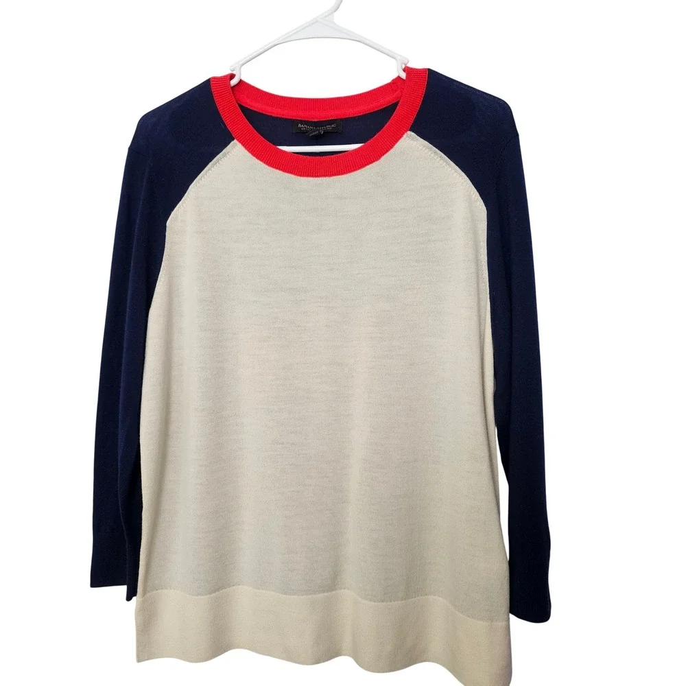 Banana Republic Merino Wool Colorblock Sweater L Navy Cream Preppy Classic